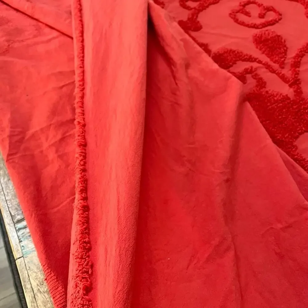 Vintage Red Cotton Chenille Queen Bedspread Floral Tufted Embroidered Design